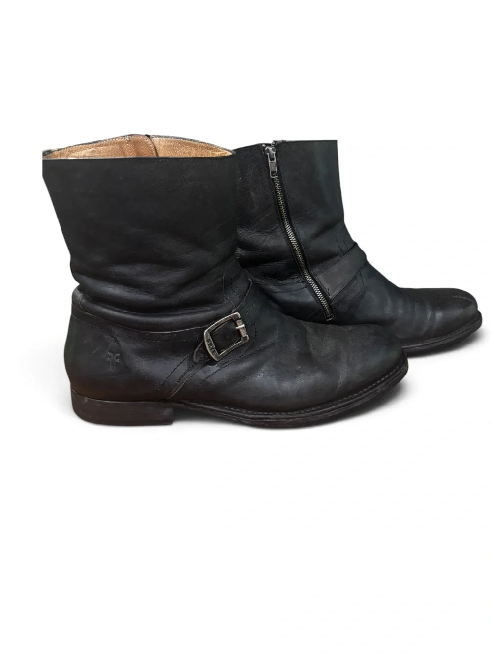 FRYE Black Leather Engineer Boots Mens 13 D Side Zip Biker Moto Made in Me